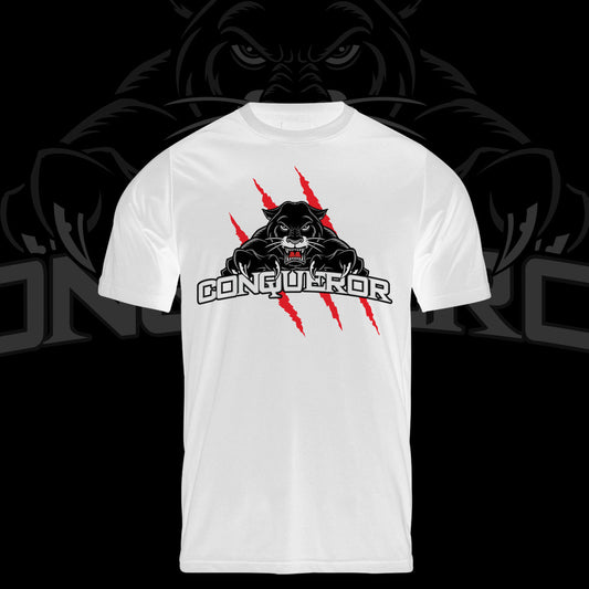 White “Conqueror” Shirt with Red Slashes