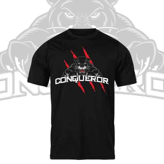 Black “Conqueror” Shirt with Red Slashes